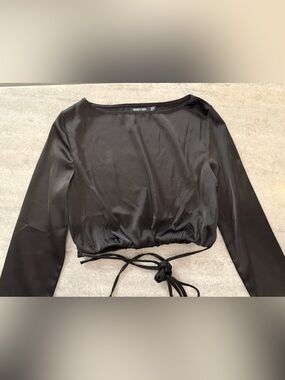 NASTY GAL satiny black long sleeve crop top with waist ties